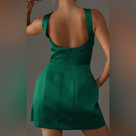 Anthropologie Sleeveless Plunge Satin Green Mini Dress Size 12